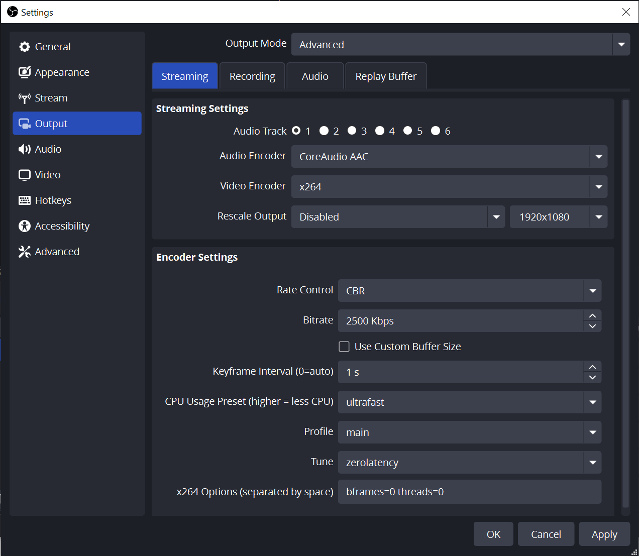 Настройки энкодера OBS